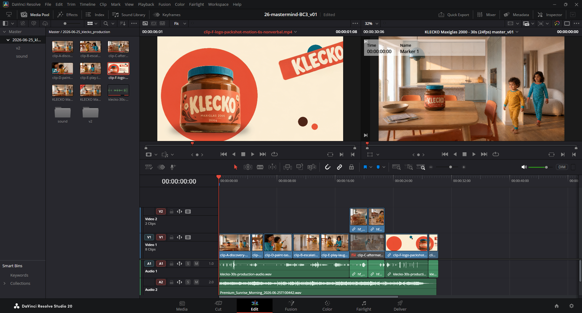 DaVinci-Resolve-Timeline des 30-Sekunden-KLECKO-Spots mit Endcard im Program-Monitor
