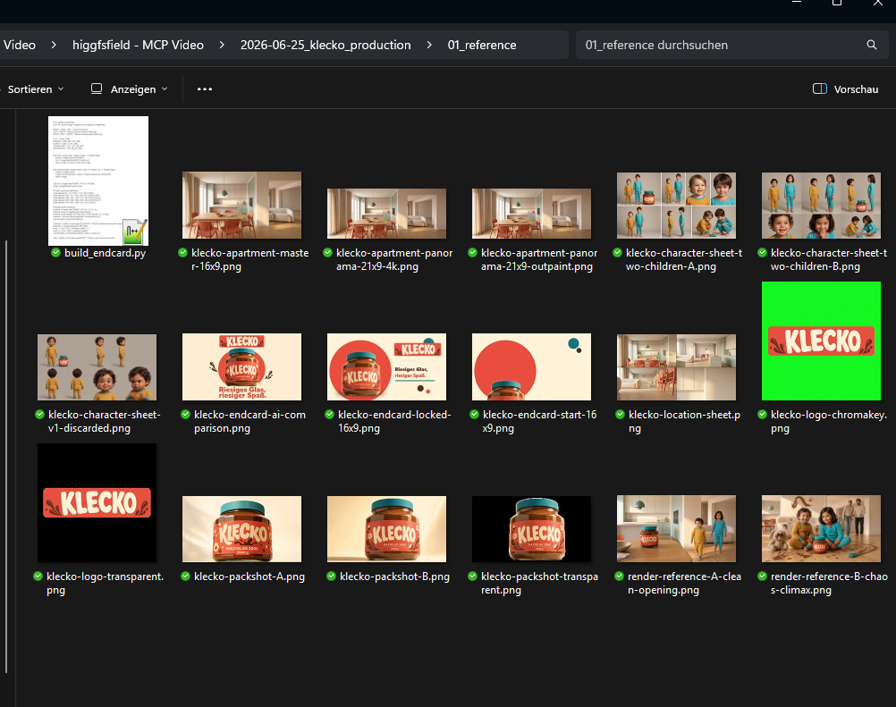 Explorer-Rasteransicht des Referenz-Ordners der KLECKO-Produktion mit Figuren-, Produkt- und Szenen-Thumbnails