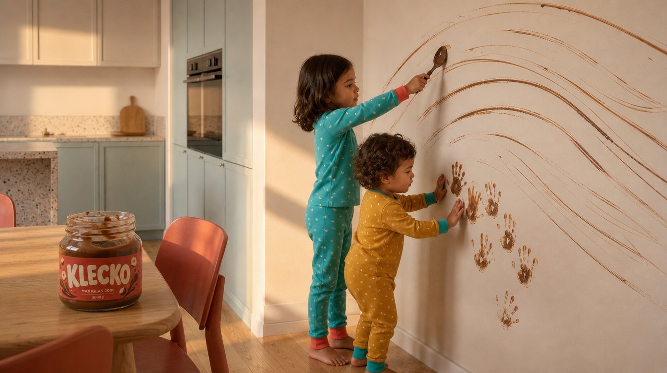 KI-generiertes Storyboard-Frame: zwei Kinder malen Schokocreme an eine vom Modell falsch platzierte Wand