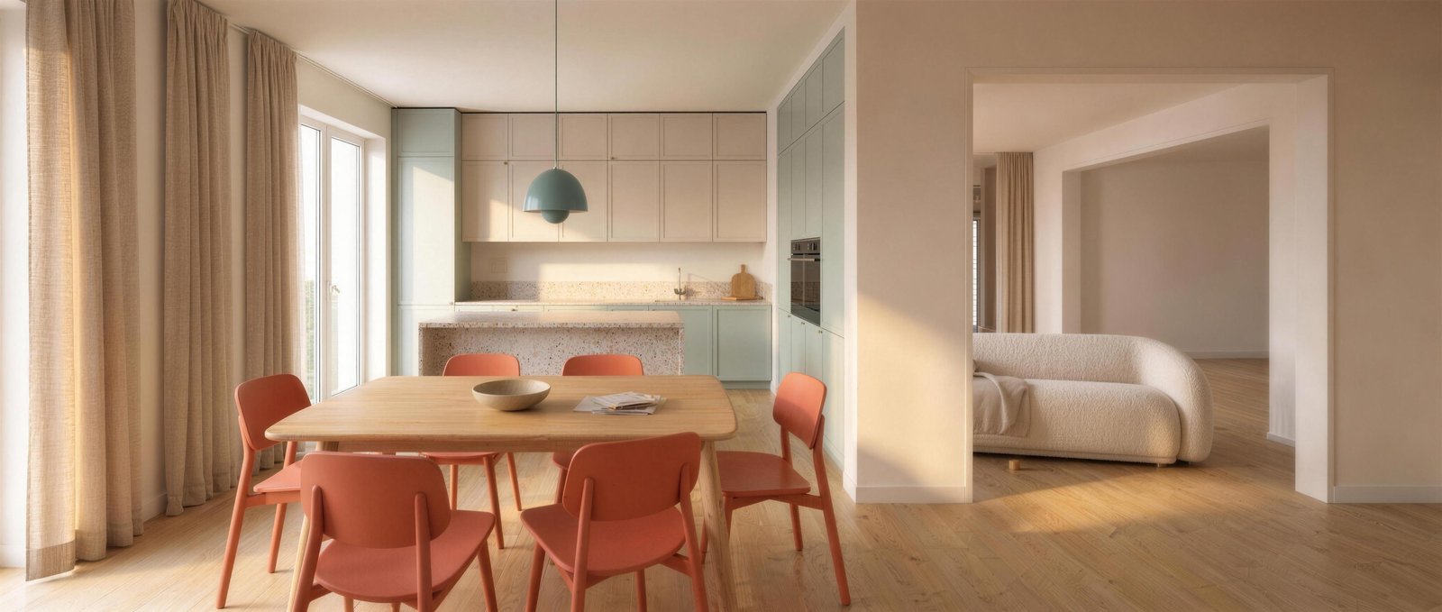 KI-generiertes 21:9-Panorama der Wohnung (Küche, Essbereich, Sofa) als Grundriss-Referenz