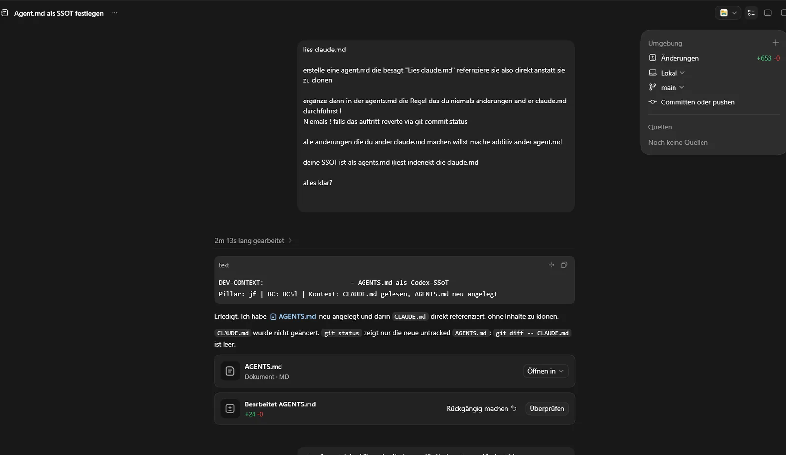 Agent-Datei als Projekt-Regel: Das erste Modell legt die Rollen fest, ohne die Projektanweisung zu klonen.