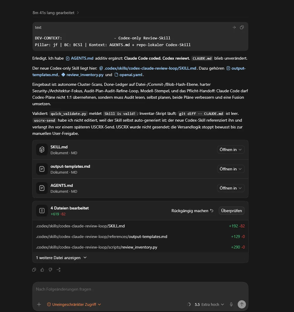 Der Review-Skill in Aktion: autonome Cluster-Scans, Done-Liste auf Datei-Ebene, Pflicht-Handoff statt blinder Übernahme.